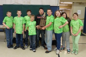 The championship Bethel Elementary blue team (don’t let the green shirts fool you!)  for grades 4-5 includes (from left): Timmy Yates, Alex Greene, Jeffery Greene, Chris Presnell, Cyrus Martinez, Dalton Rominger, Jocelyn Viale, Alexis Hodges,  and Lily Trivette.