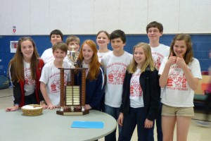 The middle school Battle of the Books winners from Valle Crucis include (front row from left) Morgan Hoyt, Mac Waters, Emma Carder, William Nelsen, Laiken Johnson, and Finley Collins.  In the back row (from left) are Max Hagaman, Sammy Osmond, Bailey Shuford, and Jeremy McAdams.