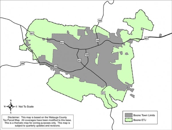 Boone's ETJ areas (click to view larger). Map submitted by Planning & Inspections Director Bill Bailey