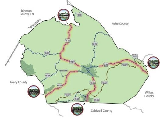 The four economic gateways designated in Watauga County.