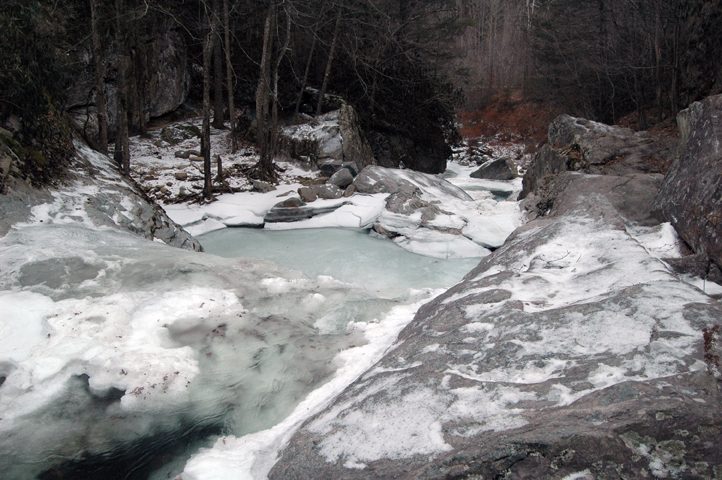 Trashcan Falls, a popular swimming hole, is frozen on Tuesday morning.
