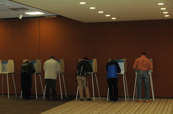 Folks voting inside the Plemmons Student Union polling place.
