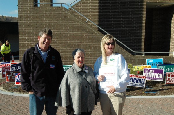 Incumbent Commissioner Billy Kennedy (D), Sue Counts, a Democrat running against State Rep. Jonathan Jordan and Karen Lerch, a Republican candidate for Watauga County Board of Commissioners, stand outside the Plemmons Student Union on Thursday morning.