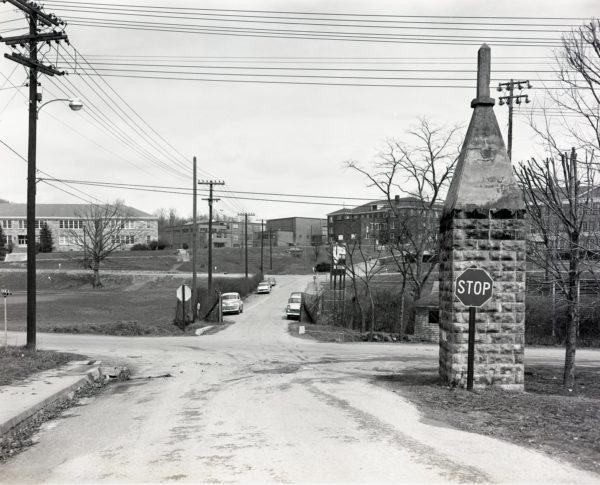 Vicinity of Car Accident at Intersection of Newland and Faculty Streets (now Tomlinson Park), ASTC Campus, Showing Daniel Boone Monument in Its Original Location, March 1957, Palmer Blair Collection, Digital Watauga Project.