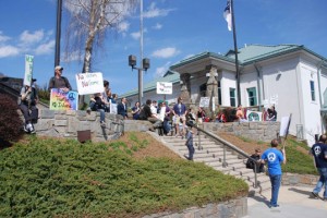 Supporters of Eustace Conway and Turtle Island Preserve participated in a demonstration rally near the Watauga County Courthouse recently. Photo by Jesse Wood