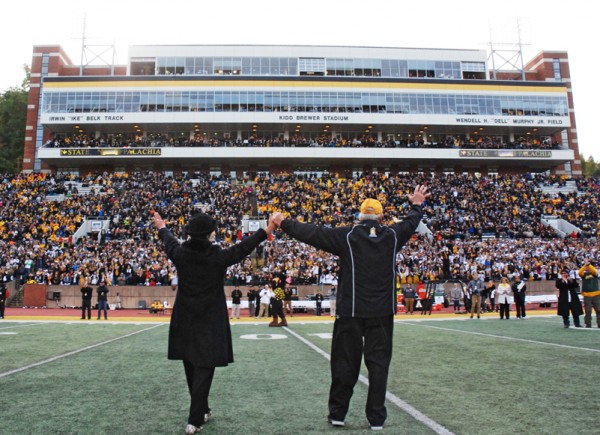 Former head coach Jerry Moore and his wife, Margaret, take in a special day at Kidd Brewer Stadium on Saturday.