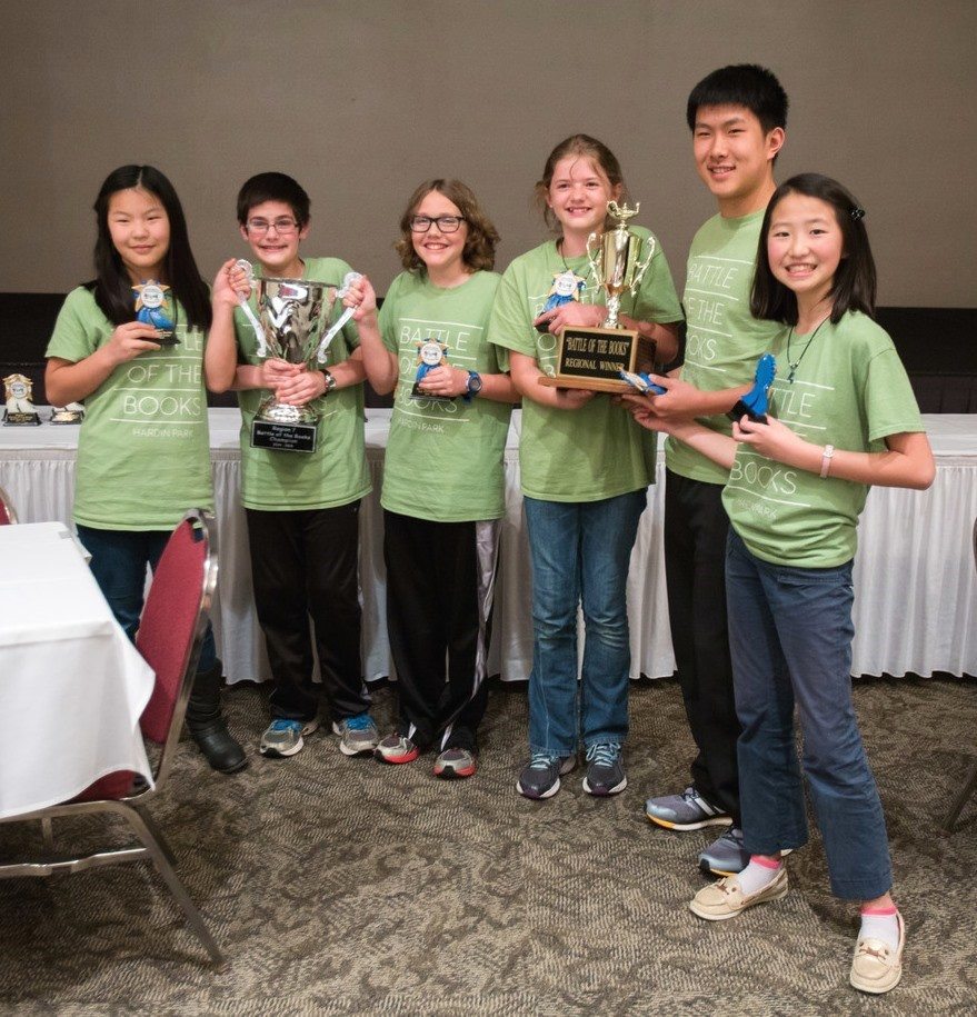 The regional Battle of the Books champions from Hardin Park (from left): Lucy Rapfogel, Ethan Turner, Gabe Souza, Carsyn Howarth, Bryant Hou, and Li Yang. Photo courtesy of Richard Rapfogel, www.rapfogel.com.
