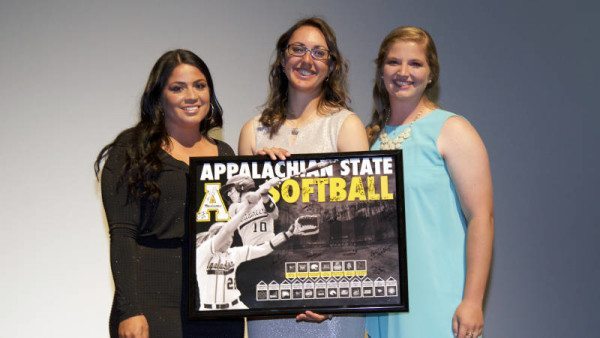 App State softball's Pepper Butler (middle) took home the Mountaineer Courage Award as well as the Softball MVP Award during Monday's APPSPY Awards Ceremony. Courtesy: Will Phillips (Appalachian State Football Video)