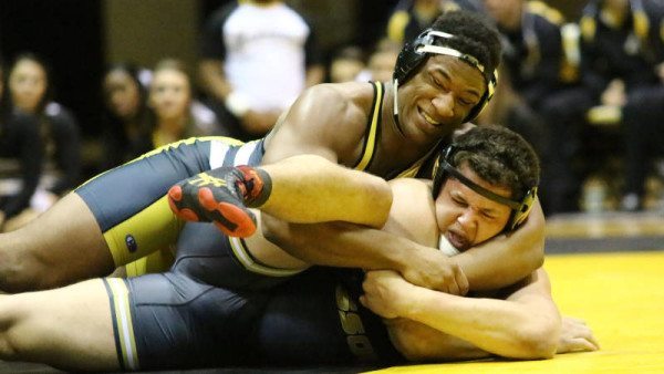 Denzel Dejournette pinned James Romero for the Mountaineers only points of the night in the loss to NO. 5 Missouri on Friday. Photo by Rob Moore / App State Athletics 