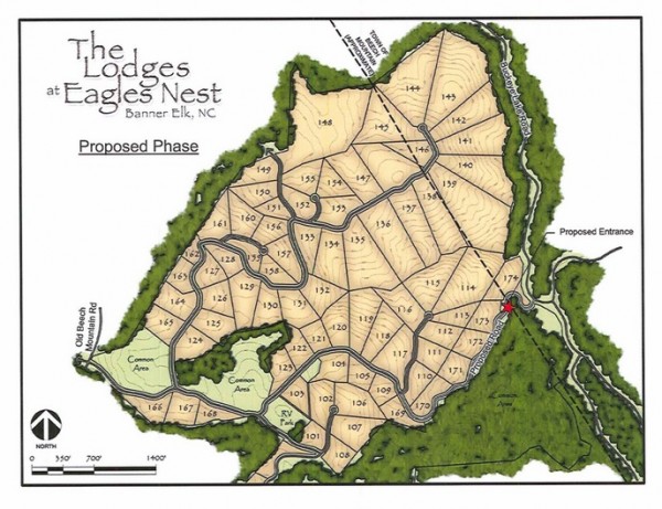 A map of The Lodges at Eagles Nest development in proximity to the Town of Beech Mountain. The red star marks connector road location.