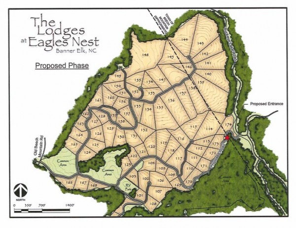 A map of The Lodges at Eagles Nest development in proximity to the Town of Beech Mountain. The red star marks connector road location. 