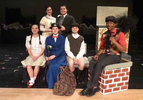 Mary Poppins Cast. Front row: Rachel Sabo-Hedges (Jane); Lucy Edy (Mary Poppins); Spencer Ball (Michael); R.J. Christian (Bert) Back row: Jill Turner (Mrs. Banks); Jordan Perzell Mandell (Mr. Banks). Submitted by Watauga High.