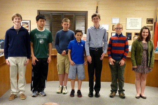 The Math Counts team from Hardin Park and Green Valley: (left to right) are Ryan Catoe, Bryant Hou, Zachary Klein, Jair Alvarez, Hunter Staiger, Russell Miller, and Kayla Roark. Participants not in photo: Peyton Cline of Green Valley, and Lucy Rapfogel and Li Yang of Hardin Park.