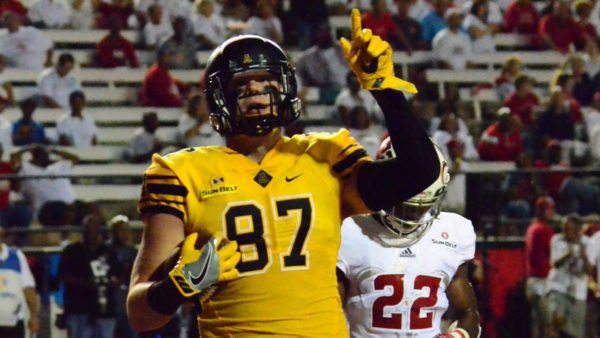 Collin Reed caught a career-high four catches for 27 yards and his first-career touchdown in the dominating road win at Louisiana on Wednesday. Photo by App State Athletics / Allyson Lamb