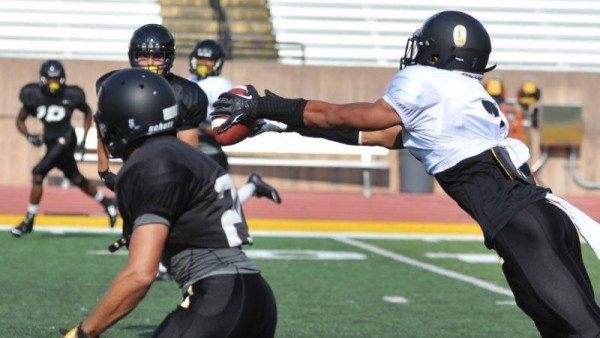 Senior wide receiver Malachi Jones (right) was one of Appalachian State's top performers during his final set of spring practices in 2015. Photo by Dave Mayo / App State Sports 