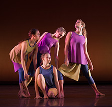 Pictured in the 2012 Spring Appalachian Dance Ensemble are, left to right, students Tessa Gossett, Cassandra Steffen, Caroline Daniel and Anna Huffman. (Photo by Greg Williams)