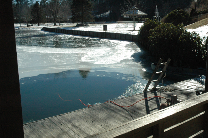 The large hole in the ice where Plungers will leap from the dock