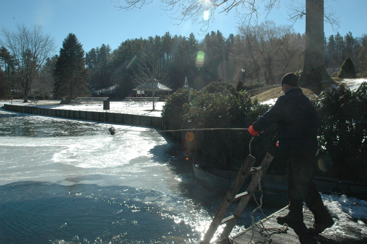 To break up ice further out, a tool on a rope is used