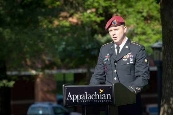 Retired Spc. Anthony Corso, now an Appalachian State University student majoring in marketing, speaks at Appalachian’s Memorial Day ceremony. Photo credit: Marie Freeman.