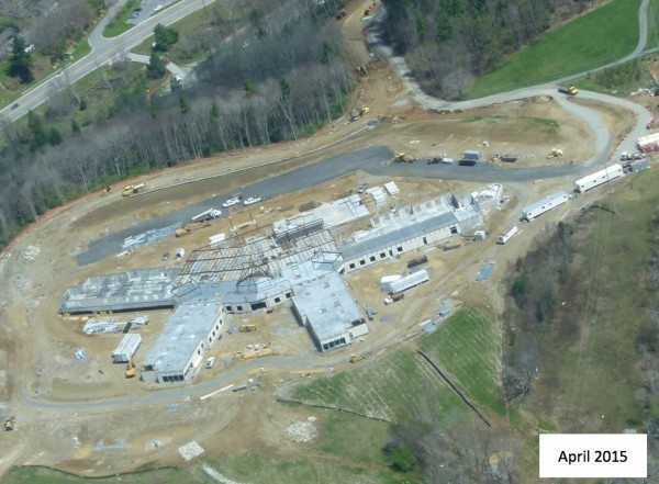 An aerial shot of the construction of The Foley Center at Chestnut Ridge. 