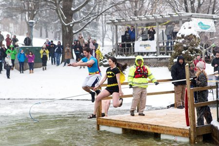 Chilly waters awaited participants in the 2015 Polar Plunge at Appalachian State University. This year’s event will be held Feb. 18 at the campus duck pond off Rivers Street. Photo credit: Marie Freeman