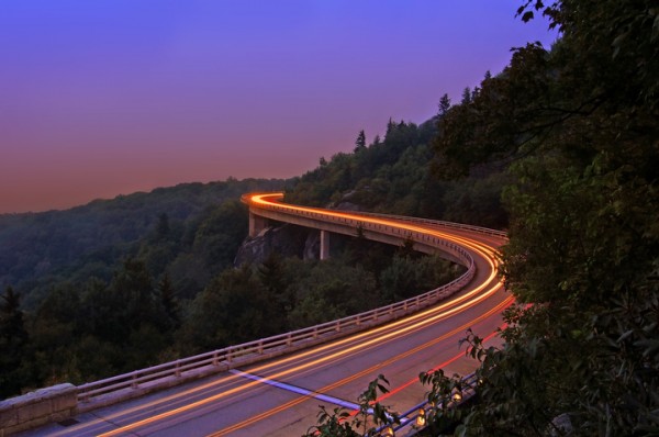 A time lapse of a car on the viaduct on the Blue Ridge Parkway. Photo by Todd Bush