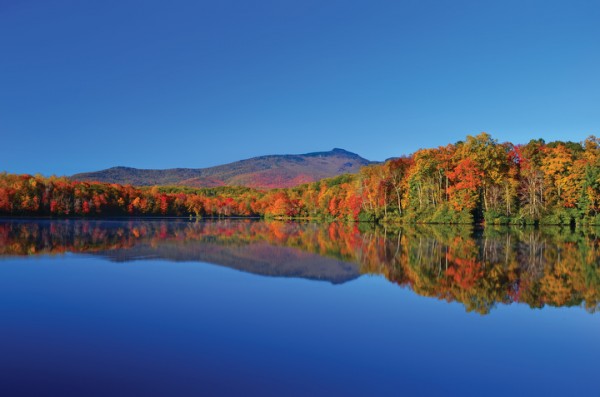 On the Blue Ridge Parkway, Price Lake glistens on a fall day. Photo by Todd Bush