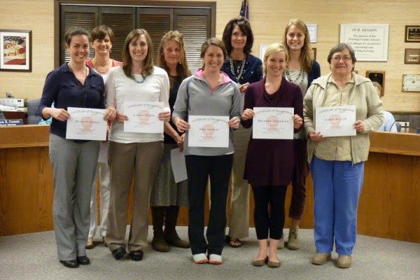 The WCS Teachers of the Year for 2015-16 were formally recognized by the Board of Education at Monday's meeting. From left to right: Allison Sparks, Natalie Willis, Laura Huber, Liz Tincher, Amy Thomas, Dorothy Combs, Brianne Thurman, Amy Lunceford, and Linda Hollar