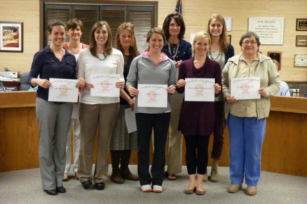 The WCS Teachers of the Year for 2015-16 were formally recognized by the Board of Education at Monday's meeting.  From left to right: Allison Sparks, Natalie Willis, Laura Huber, Liz Tincher, Amy Thomas, Dorothy Combs, Brianne Thurman, Amy Lunceford, and Linda Hollar 