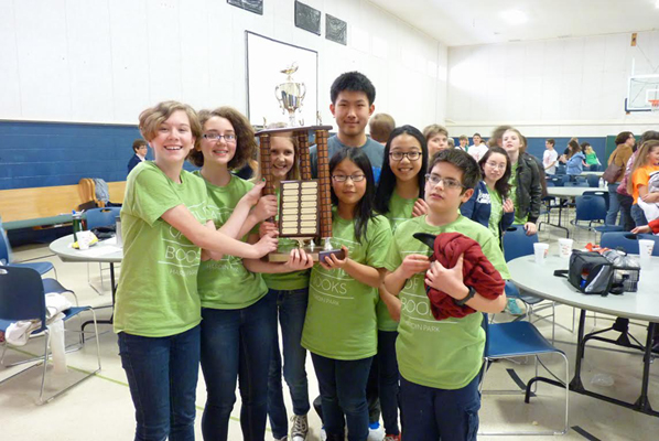 The middle school Battle of the Books champions from Hardin Park include Maddie Brown, Miranda Owen, Eryn Boyle, Bryant Hou (at back), Lucy Rapfogel, Len Sanqui, and Ethan Turner.